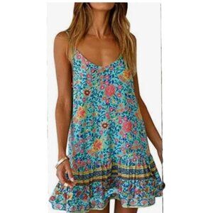 Qearal Women SZ S Floral Print Sleeveless Adjustable Strap Pockets Dress Beach